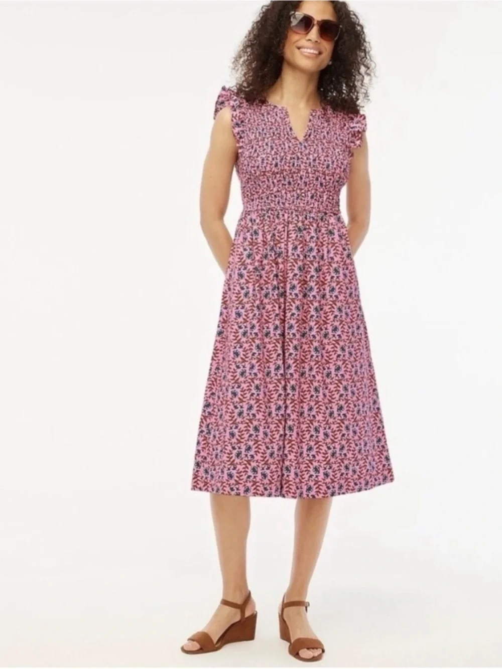 J. Crew Smocked Pink Floral Flutter-Sleeve Midi Dress Size Small
